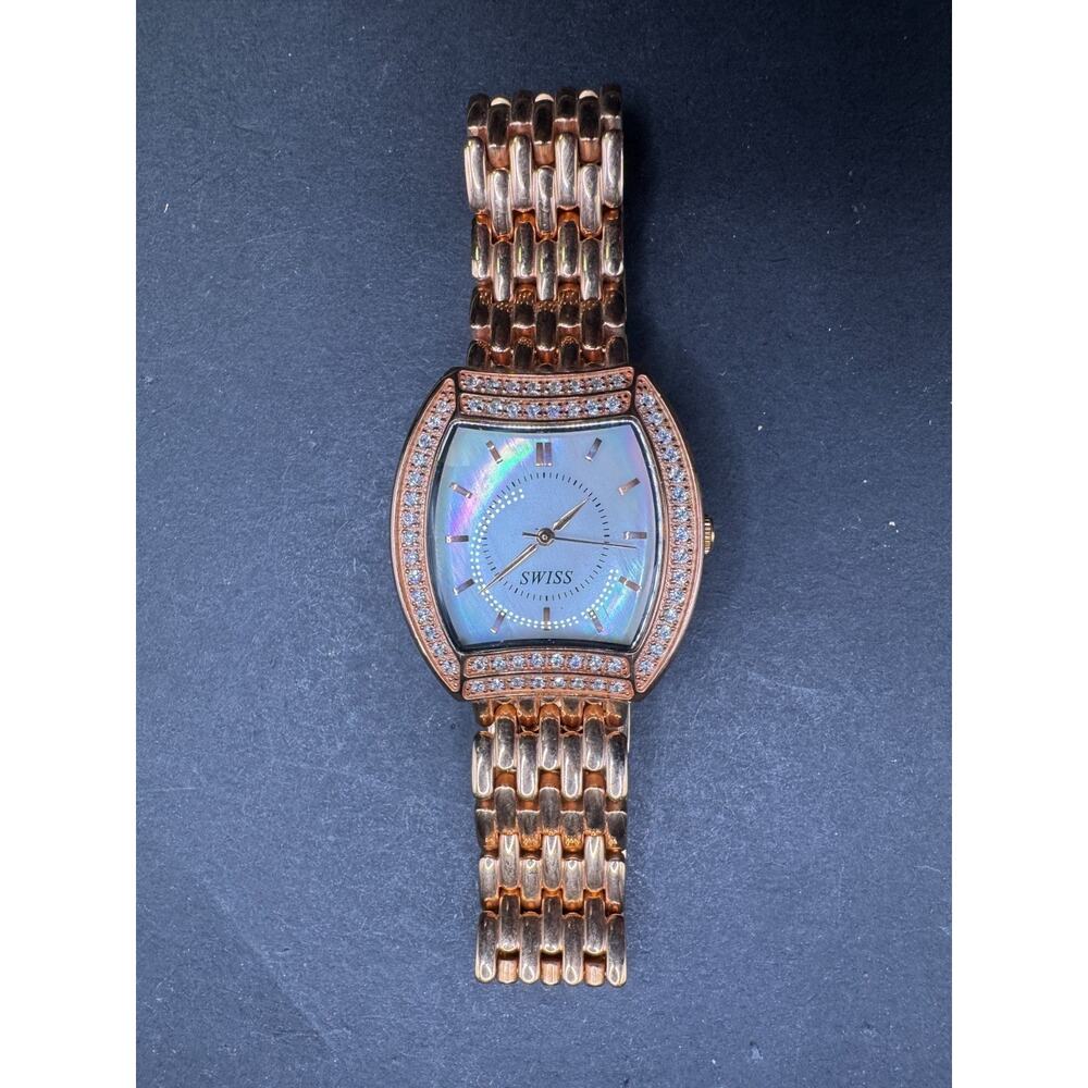 Diamonique(R) Tonneau-Shape Rose Gold Tone MOP Dial Watch Swiss Movement 30MM
